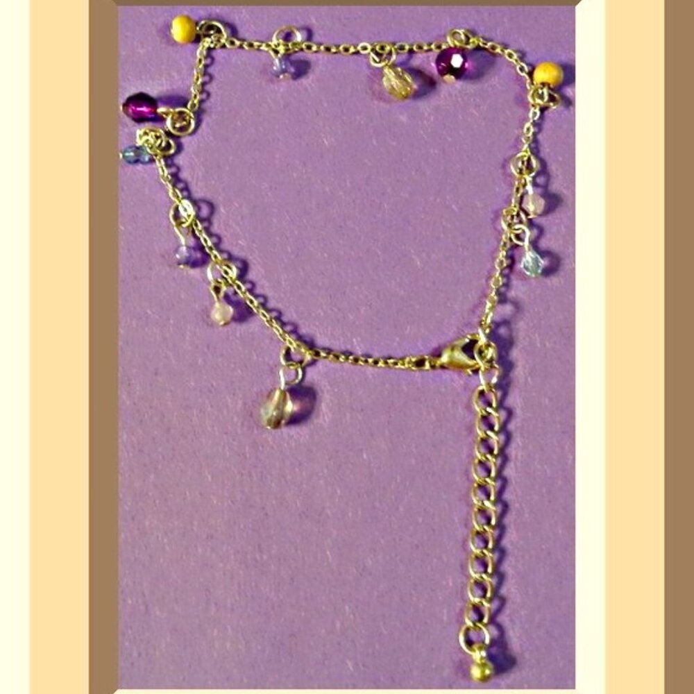 Handmade Silver Tone Anklet With Blue Purple & Brown Beads